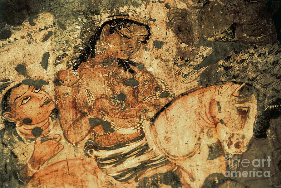 Figure Of A Woman On The Back Of A Horse, Mural Painting In The Ajanta Caves Painting by Indian School