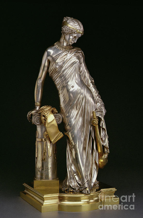 Ionic Column Photograph - Figure Of Sappho Standing, 1848 Silvered And Gilt Bronze by James Pradier
