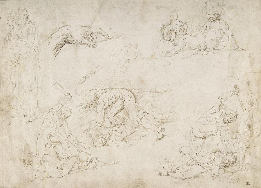 Sketch Drawing - Figure Studies; Three Sketches Of Cain Killing Abel by Battista Franco