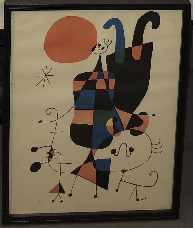Figures and a Dog in Front of the Sun Mixed Media by Joan Miro
