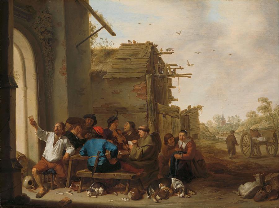 Figures before a Village Inn. A company of country folk. Painting by Cornelis Saftleven