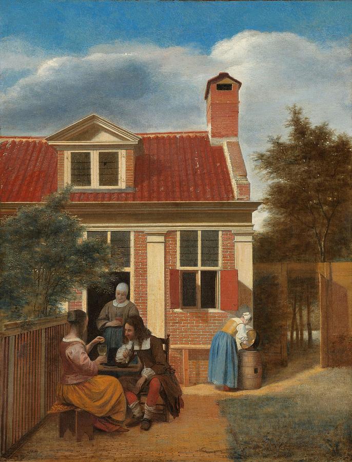 Figures in a Courtyard behind a House. Three Women and a Man in the Courtyard behind a House. Dat... Painting by Pieter De Hooch
