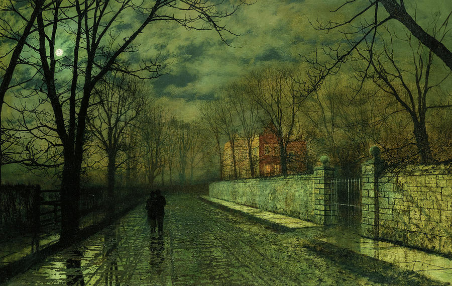 John Atkinson Grimshaw Painting - Figures In A Moonlit Lane After Rain by John Atkinson Grimshaw