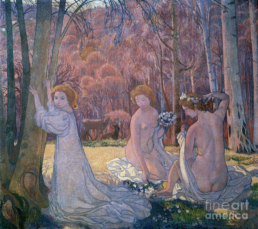 Figures In Spring Landscape Sacred Grove Drawing by Heritage Images