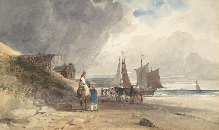 Figures on a Beach, Northern France Drawing by Thomas Shotter Boys