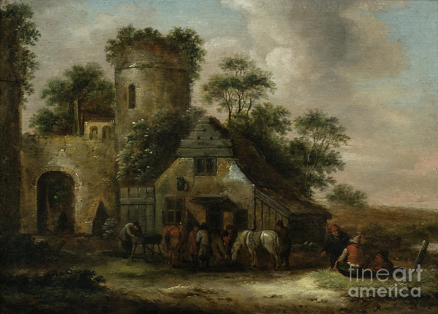 Castle Painting - Figures Outside An Inn By The Town Walls In Summertime, 1635-76 by Claes Molenaer