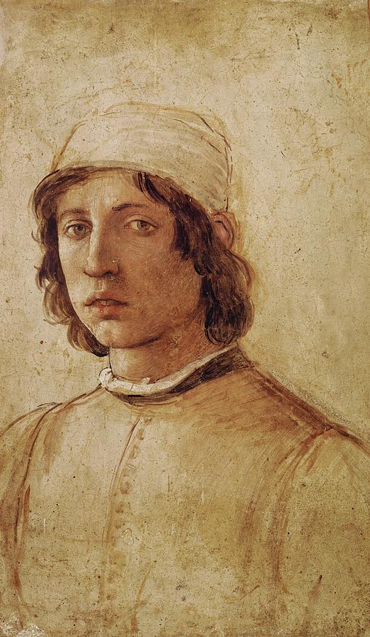 Filippino Lippi Painting - Filippino Lippi, self-portrait. Fresco on tile 50 x 31 cm Inv. 1711. by Filippino Lippi -1457-1504-