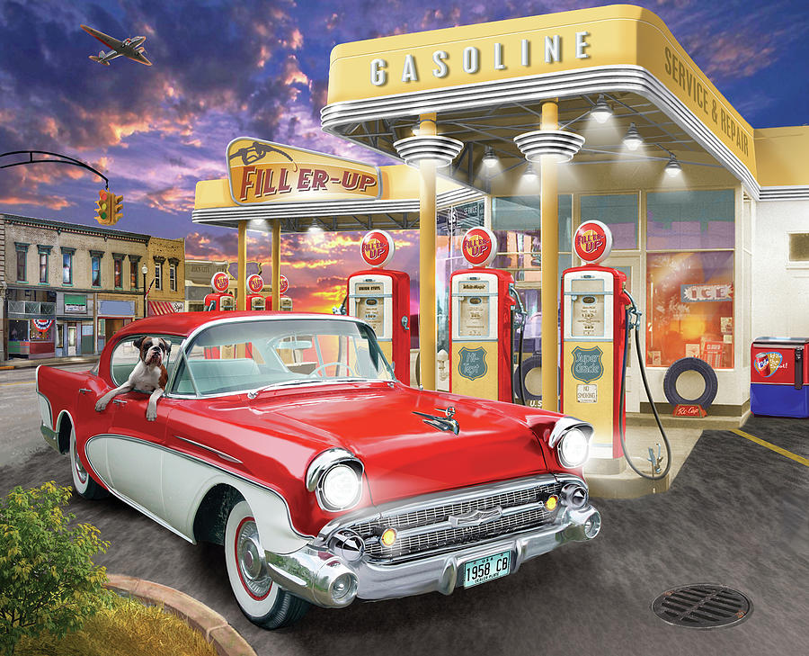 Vintage Automobiles Painting - Filler Up by Bigelow Illustrations
