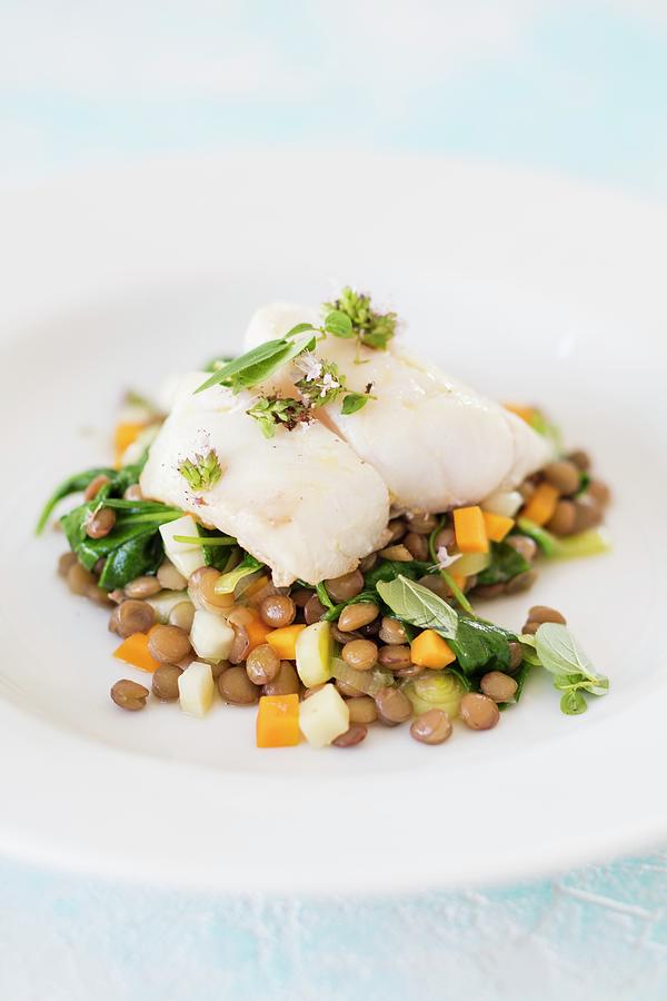 Fillet Of Coalfish With Oregano On A Bed Of Lentils And Vegetables low-carb Photograph by Jan Wischnewski
