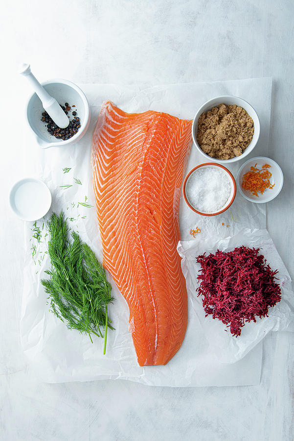 Fillet Of Salmon And Ingredients For Beetroot, Juniper And Gin Cured ...