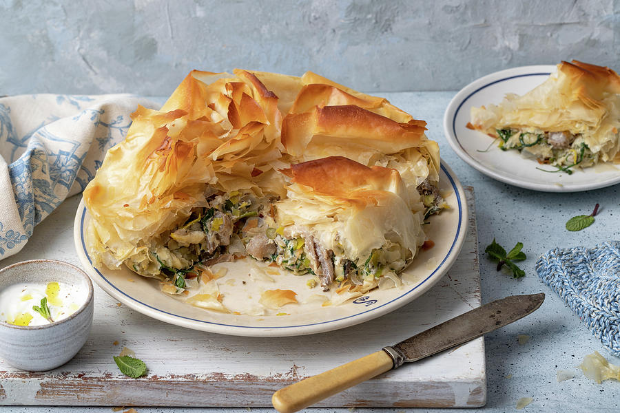 Filo Tart With Mushroom, Leek, Spinach And Rocket, Feta And Ricotta Cheese, Yogurt With Olive Oil And Mint In A Small Ball Photograph by Zuzanna Ploch