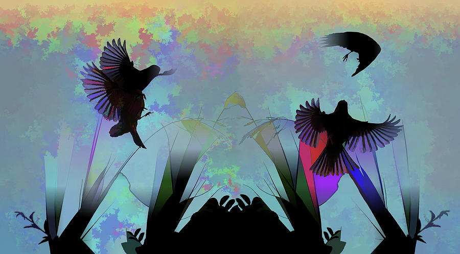 Finches with Leaves I and II Silhouette Abstract Digital Art by Linda Brody