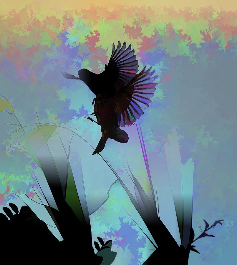 Finches With Leaves II Silhouette Abstract Digital Art