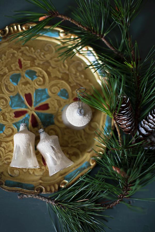 Fir Branch And Old Christmas-tree Baubles On Tray Photograph by Alicja Koll