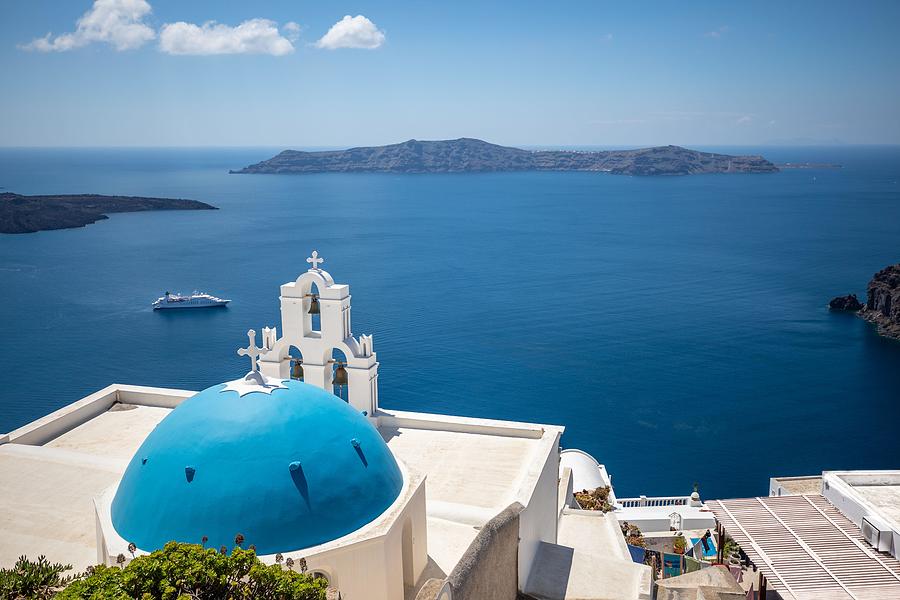 Greek Photograph - Fira And Blue Dome, Santorini, Greece by Levente Bodo