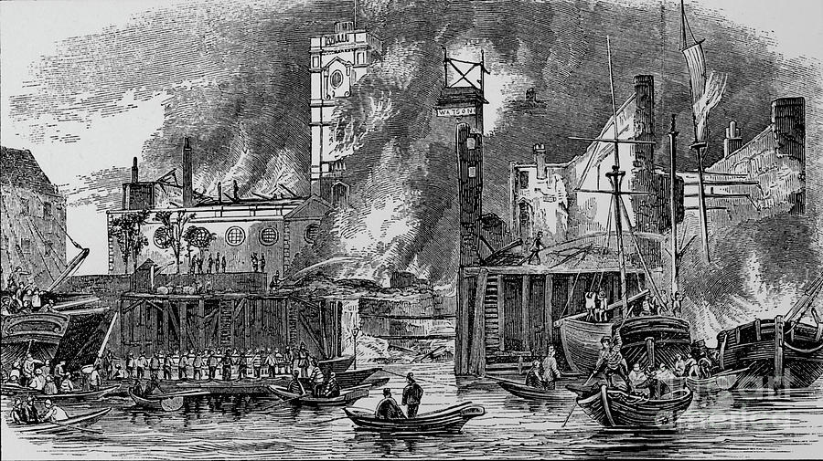 Fire At Toppings Wharf, London Bridge Drawing by Print Collector
