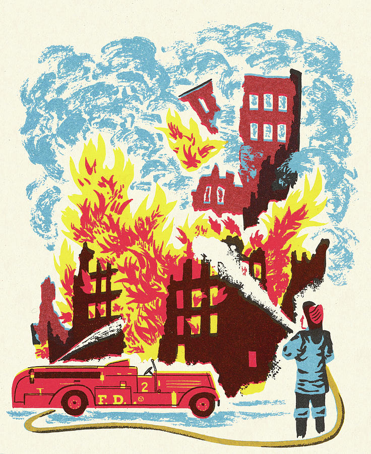 Architecture Drawing - Firefighter Spraying Water on a Burning Building by CSA Images