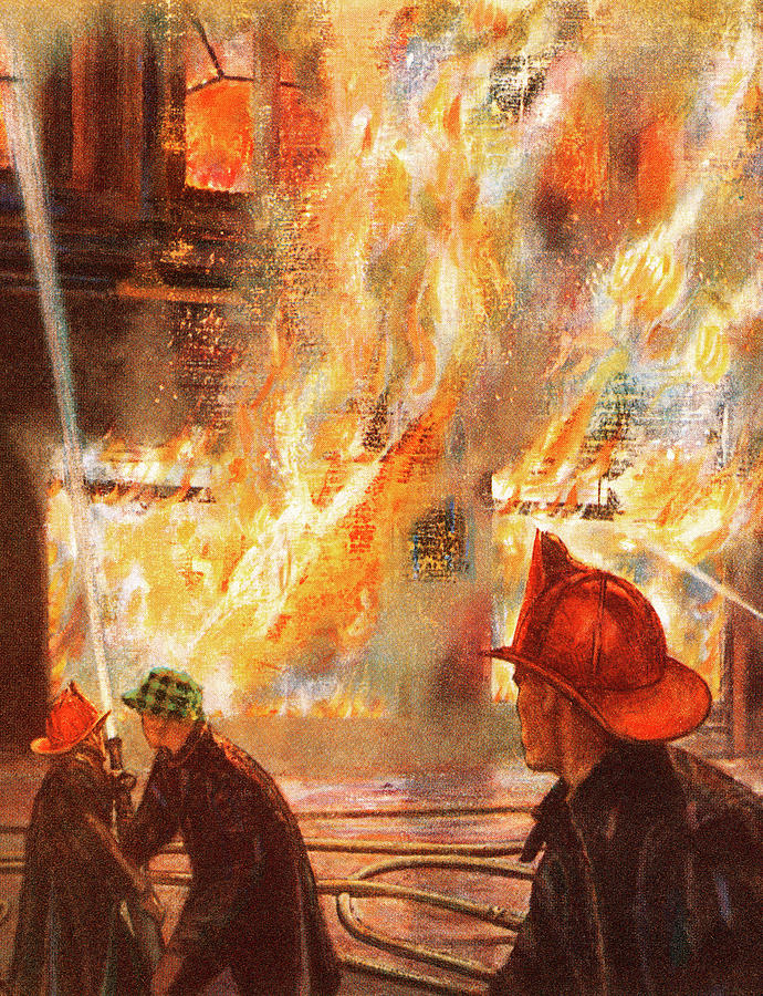 Vintage Drawing - Firefighters Fighting Building Fire by CSA Images