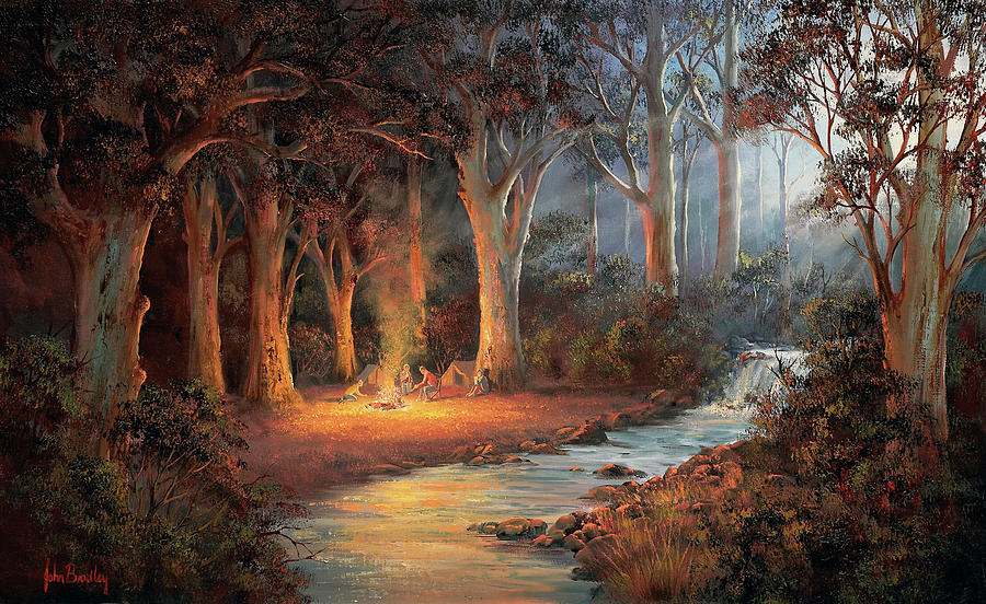 Landscape Painting - Firelight And Moonrise by John Bradley