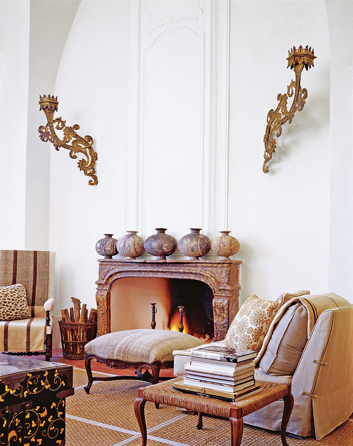 Fireplace With Sconces In A French Chateau Photograph by Marina Faust