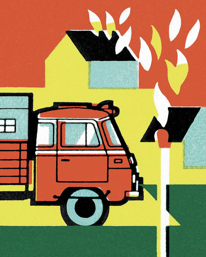Transportation Drawing - Firetruck and House on Fire by CSA Images