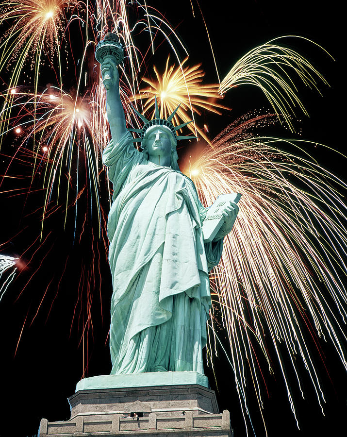 Independence Day Photograph - Fireworks Explode Behind Statue by Vintage Images