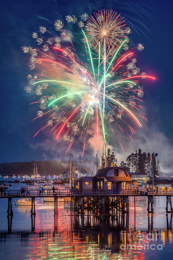 Fireworks over the Boothbay Harbor Footbridge Photograph by Benjamin Williamson