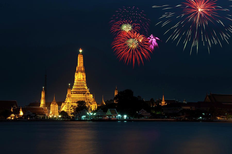 Fireworks Over Wat Arun In Bangkok Photograph by Tbradford