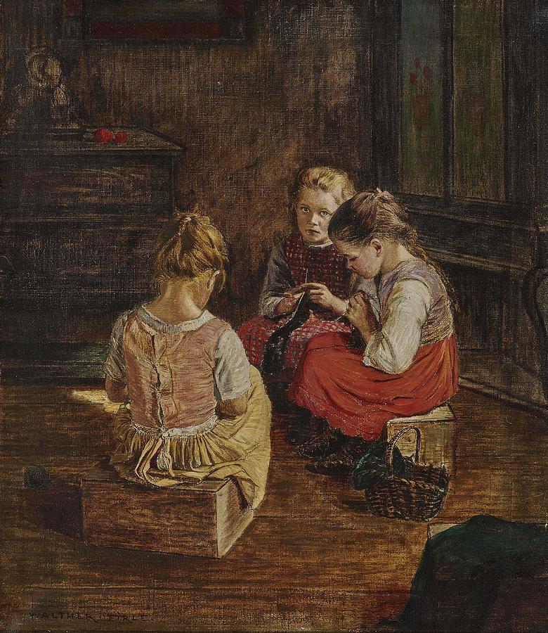 FIRLE, WALTHER Three Knitting Girls Painting by Celestial Images