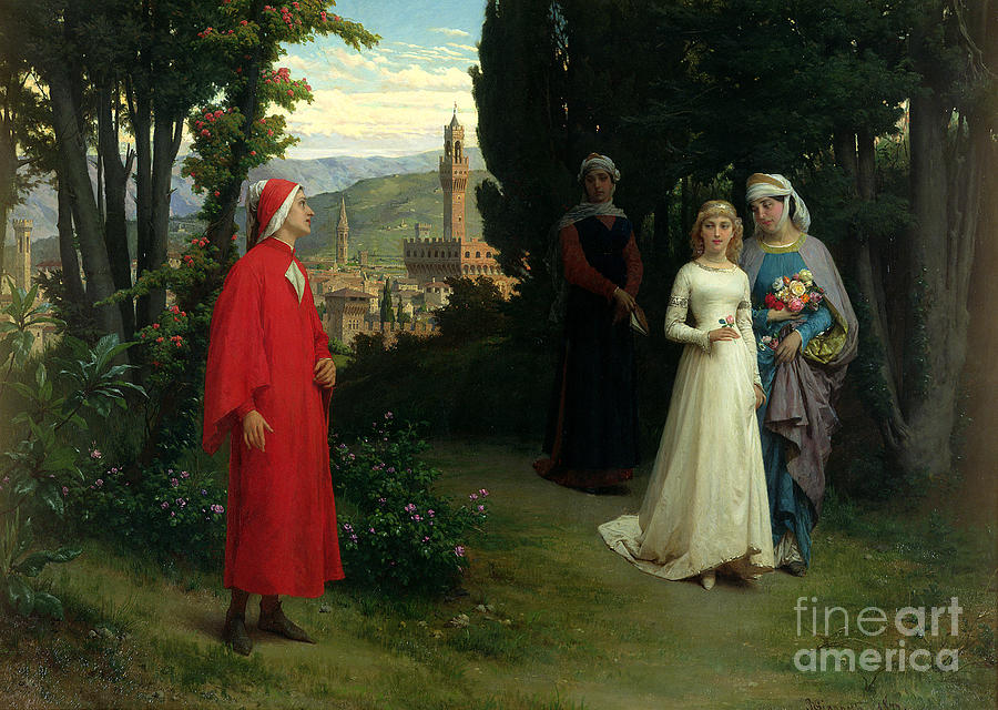 First Meeting Of Dante And Beatrice, 1877 Painting by Raffaele Giannetti