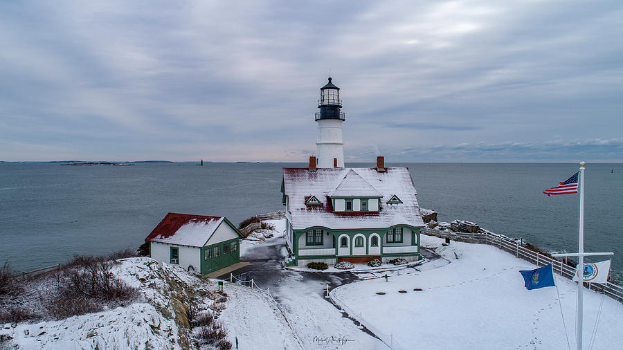 First Snow at Portland Head Lighthouse Photograph by Veterans Aerial Media LLC