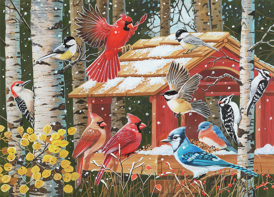 Bird Painting - First Snow At The Feeder by William Vanderdasson