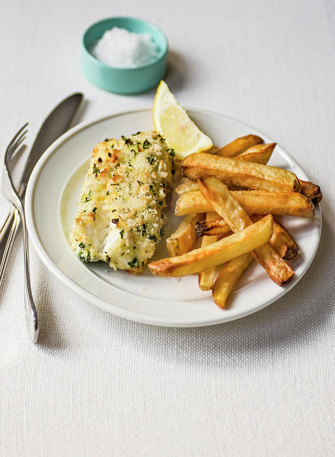 Fish And Chips With Herb Breaded Cod And Sea Salt In Blue Dish Photograph by Michael Paul