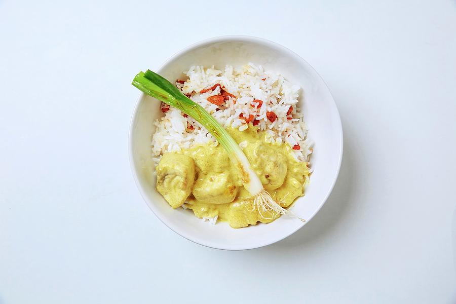 Fish Photograph - Fish Curry With Goji Berry Rice And Spring Onions by Jalag / Stefan Bleschke