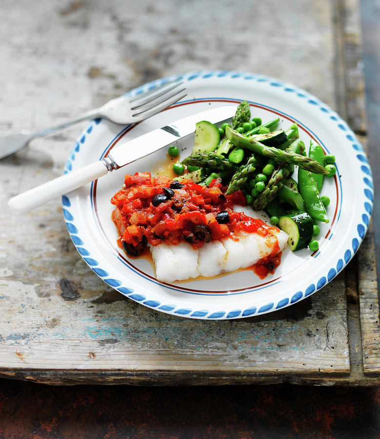 Fish Fillet With Tomato And Olive Sauce, Asparagus, Zucchini, And Peas Photograph by Karen Thomas