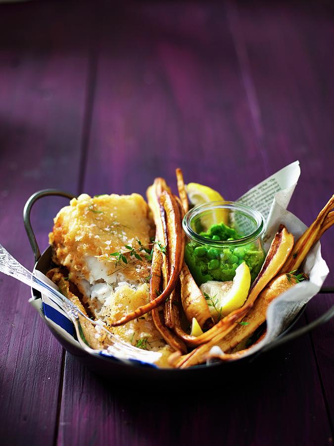 Fish In A Tempura And Cidre Batter With Parsnip Crisps And Mushy Peas Photograph by Great Stock!