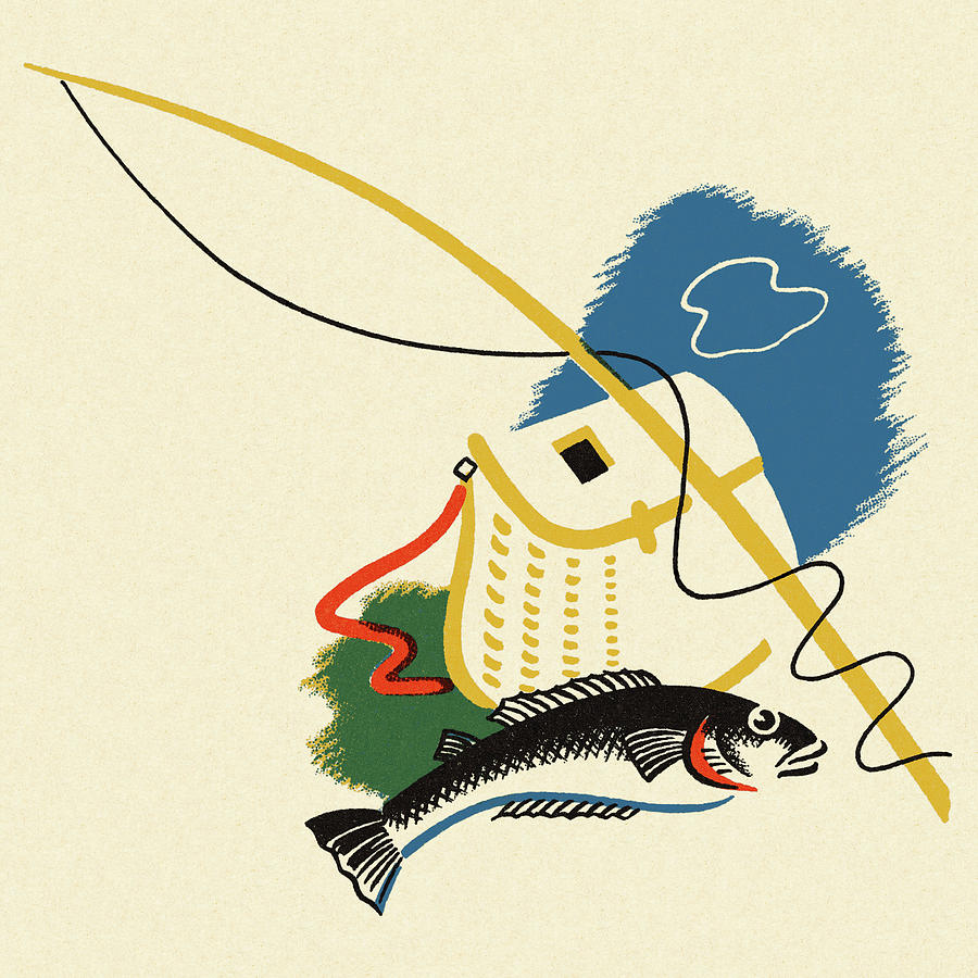 Fish Drawing - Fish Next to a Fishing Pole and Creel by CSA Images