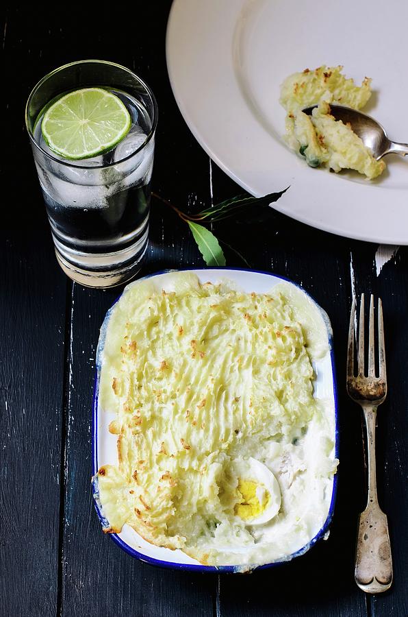 Fish Pie With Hard Boiled Eggs In An Enamel Dish Photograph by Nick Sida