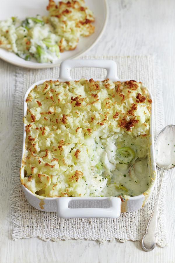 Fish Pie With Leeks And A Potato Topping Photograph by Charlotte Tolhurst