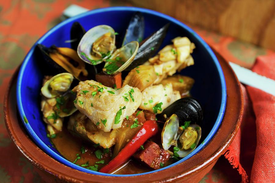 Fish Stew With Chorizo, Clams And Mussels Photograph by Lowe, Cath