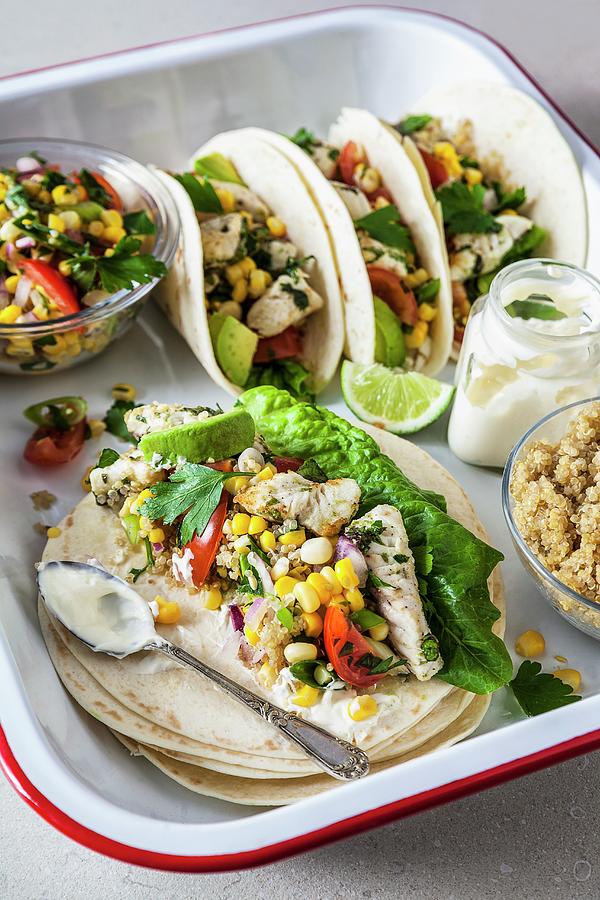 Fish Tacos With Couscous And Corn Salsa Photograph by The Food Union