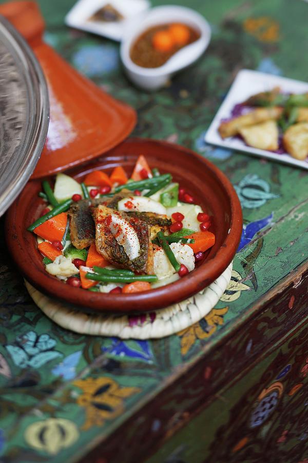 Fish Tagine With Vegetables And Pomegranate Seeds, Marrakesh, Morocco