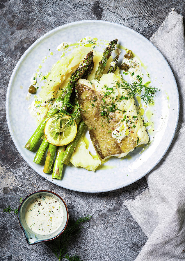 Fish With Green Asparagus And Mashed Potatoes Photograph by Thys