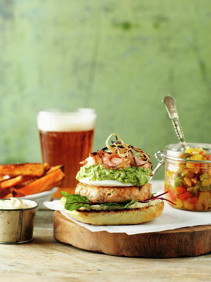 Fishburger With Salsa And Sweet Potatoes Chips Photograph by Pepe Nilsson