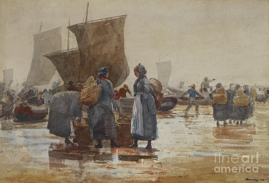 Fisherfolk on the Beach at Cullercoats, 1881 Painting by Winslow Homer