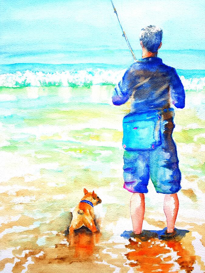 Fisherman and Dog at the Beach Painting by Carlin Blahnik CarlinArtWatercolor