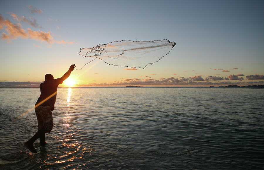 Man Casting Fishing Net Over Lake Stock Photo 1270249114