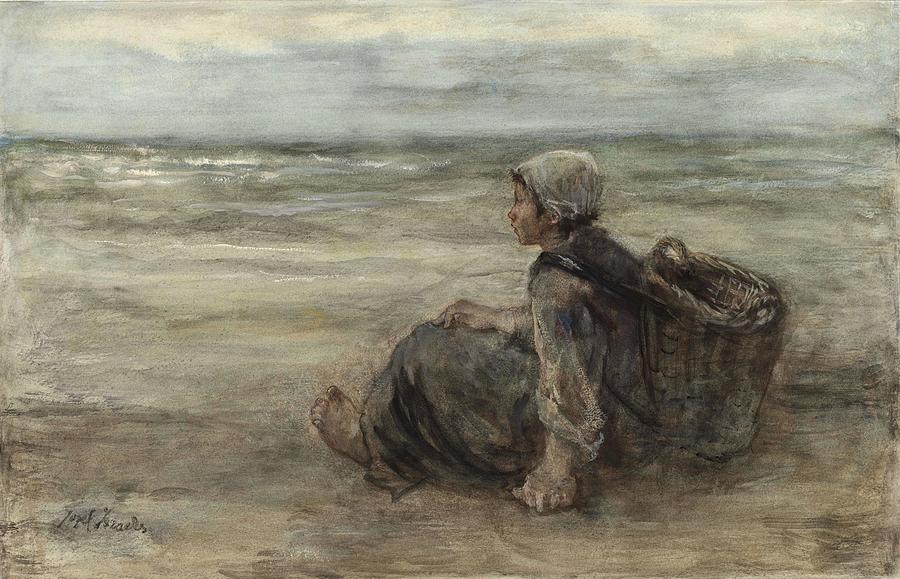 Fisherman girl on the beach. Painting by Jozef Israels