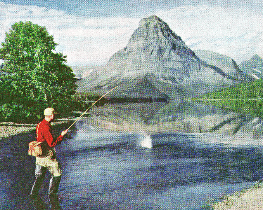 Fish Drawing - Fisherman Wading in a Lake by a Mountain by CSA Images