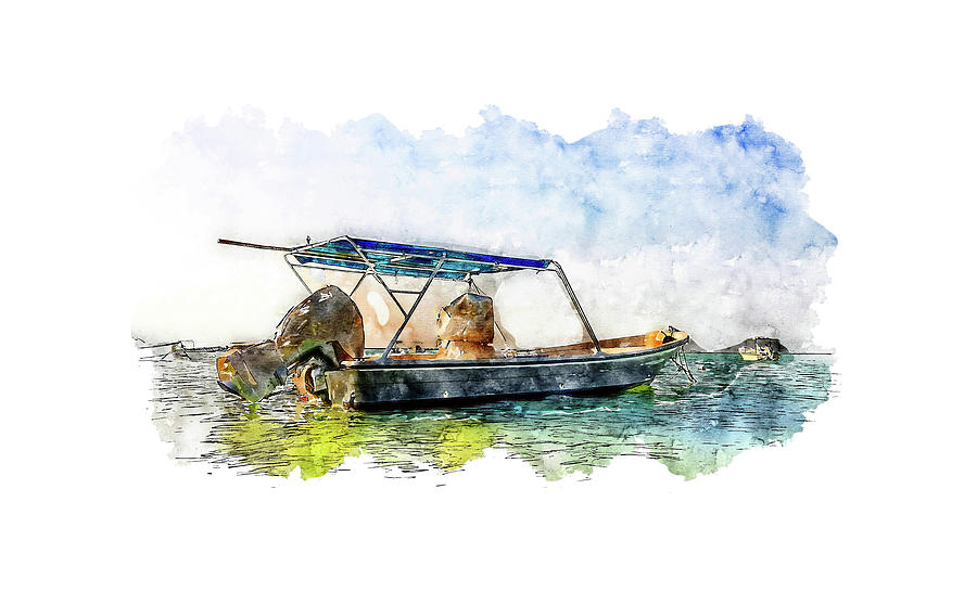 Cool Drawing - Fishermans Boat in the sea watercolor by Hasan Ahmed